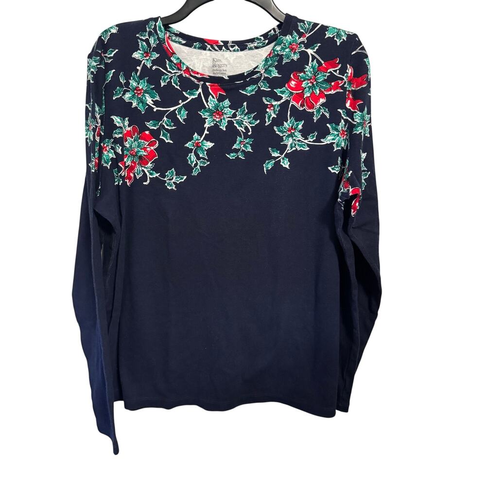 Holiday Sweater XL Holly & Poinsettia ribbon Festive L/S round neck navy blue